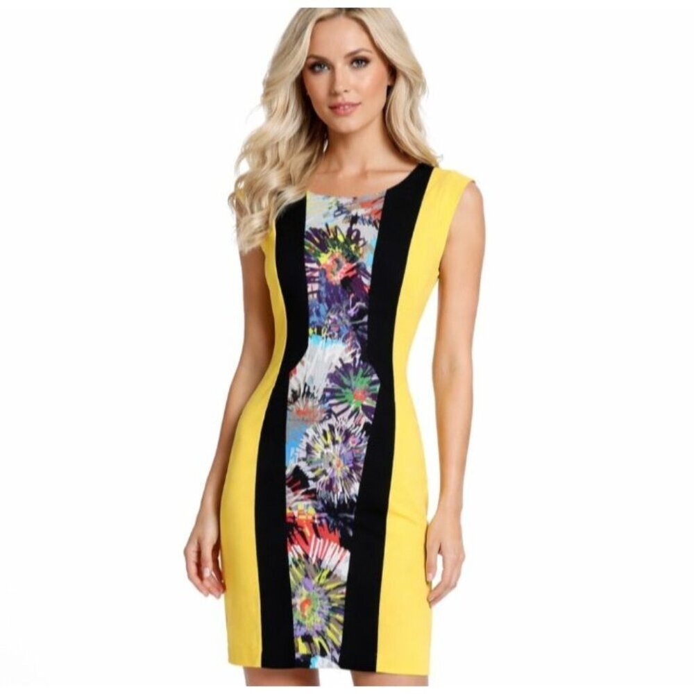BCBGMAXAZRIA Yellow Black Floral Slimming Dress 0 Meyna Sheath NWT Mini